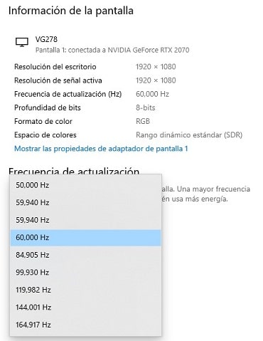 cambiar frecuencia de actualización windows 10